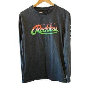 MENS YOUNG & RECKLESS Gray Long Logo Graphic Print Sleeve Crew NeckT-Shirt M